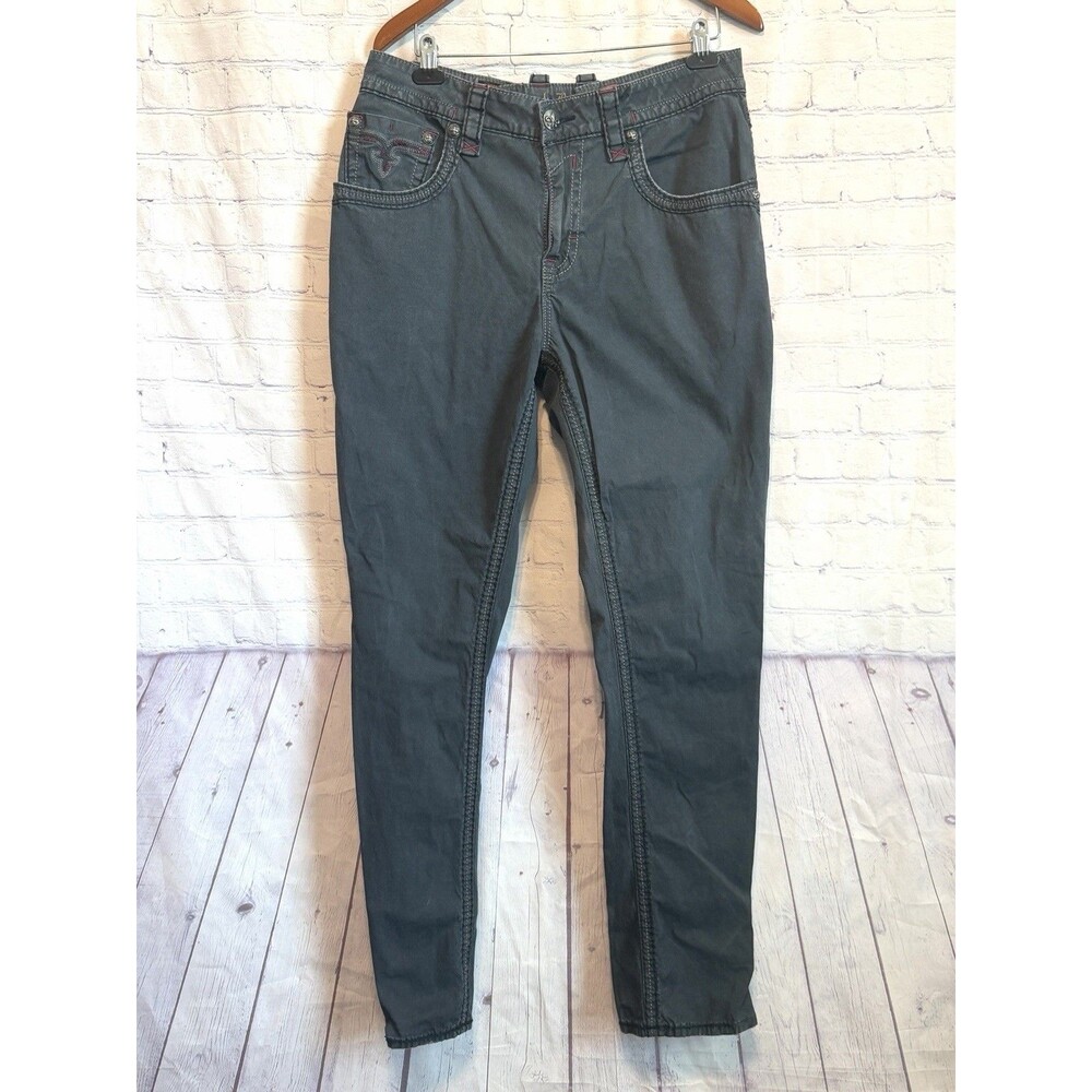 Rock Revival Mens Charcoal Grey Jeans Size 38 Flap Pocket Red Stitching Altered